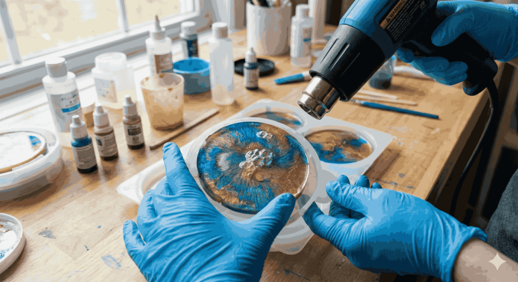 Hands wearing gloves using a heat gun to remove air bubbles from a colorful resin coaster.
