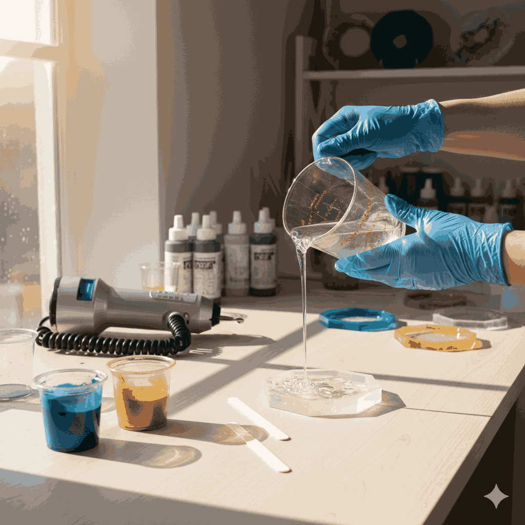 Beginner resin art workspace showing hands in gloves pouring clear epoxy resin into a silicone coaster mold with mixing tools and pigments nearby