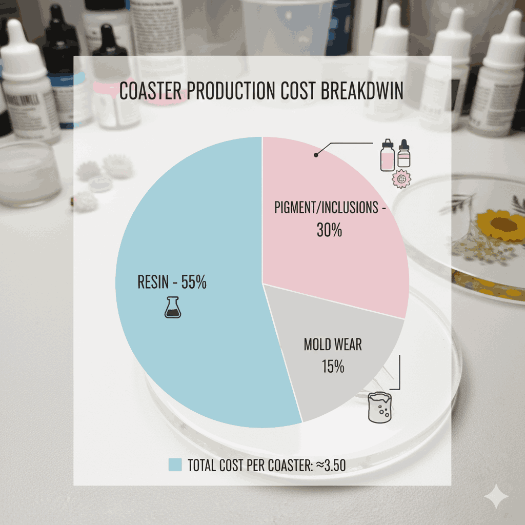 Infographic chart showing the cost breakdown of resin, pigment, and mold wear for a single coaster.