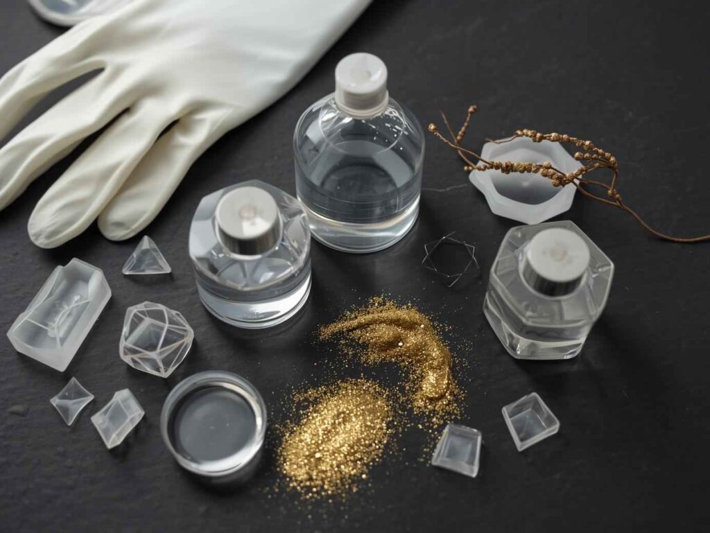 Flat lay photography of resin art supplies including nitrile gloves, two bottles of epoxy resin, silicone coaster molds, and gold mica powder on a silicone mat.