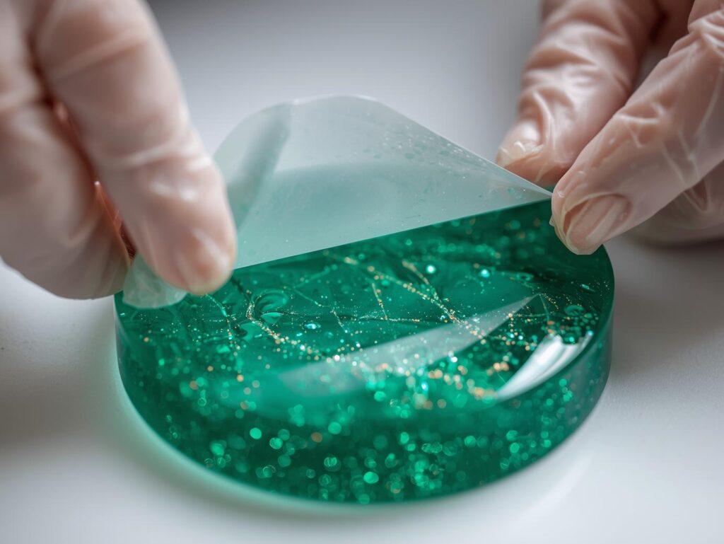 Hands in nitrile gloves peeling a silicone mold away from a sparkling, emerald-green resin coaster, capturing the light reflection.