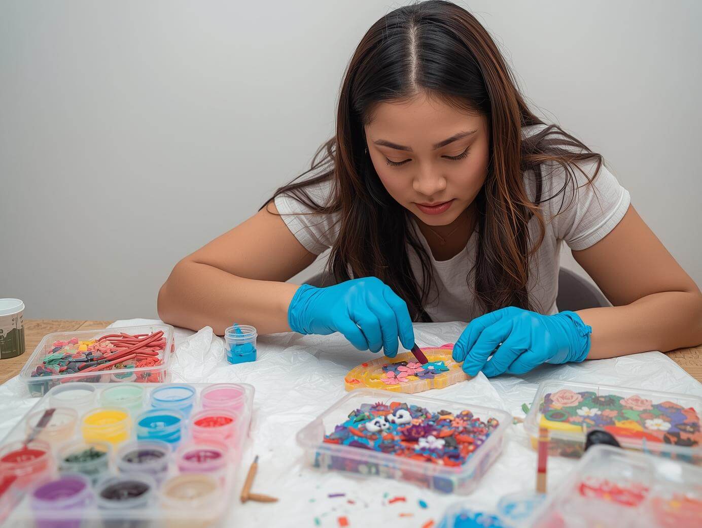 Person working with resin craft kit materials including molds, pigments, and protective gloves on covered workspace for home decor project