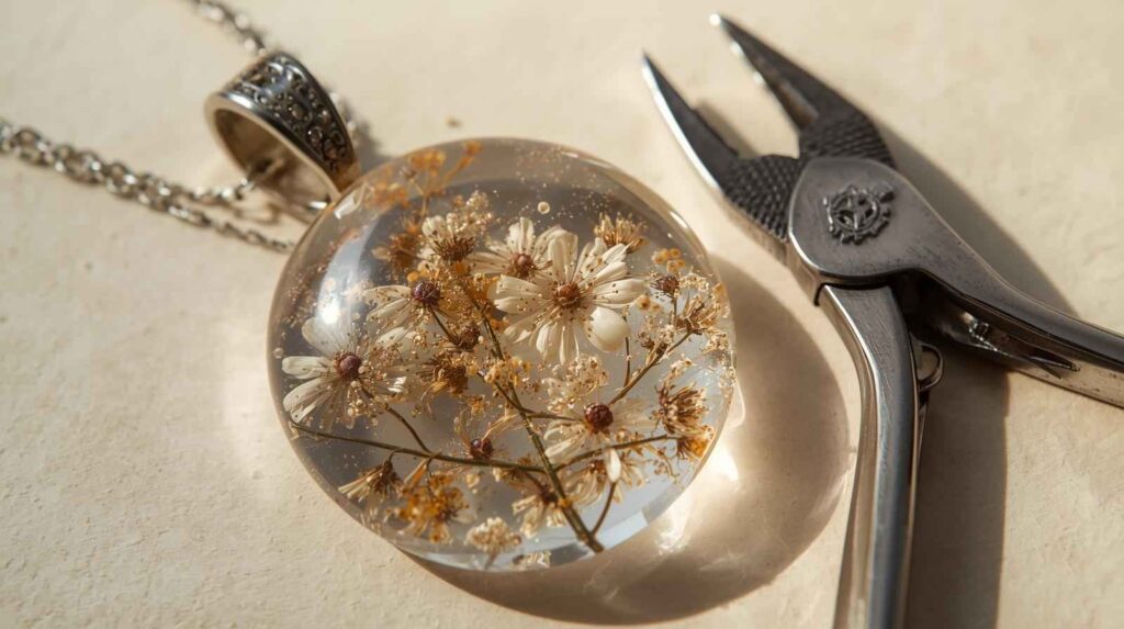 A high-resolution close-up of a crystal clear resin pendant with suspended dried flowers, catching the sunlight to show lack of bubbles, sitting next to a pair of jewelry pliers.