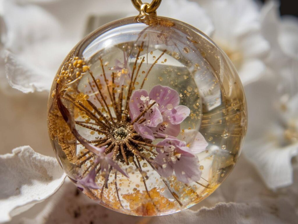 Handmade resin pendant with embedded dried flower and metal finding