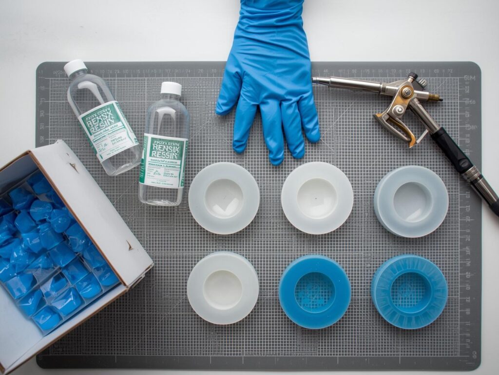 Top-down view of a resin workspace featuring two bottles of epoxy (A & B), a box of blue nitrile gloves, a butane torch, and silicone coaster molds arranged neatly on a silicone mat.