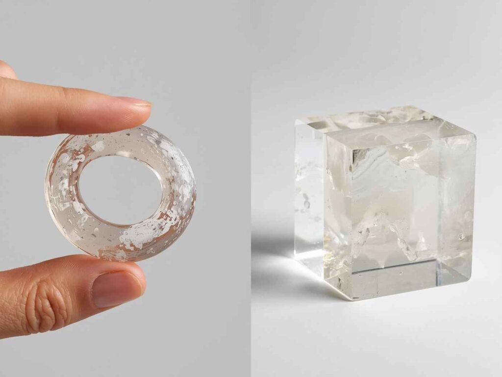 A split image showing a flexible, under-cured resin piece bending between fingers, and a cloudy piece next to a clear piece for comparison.