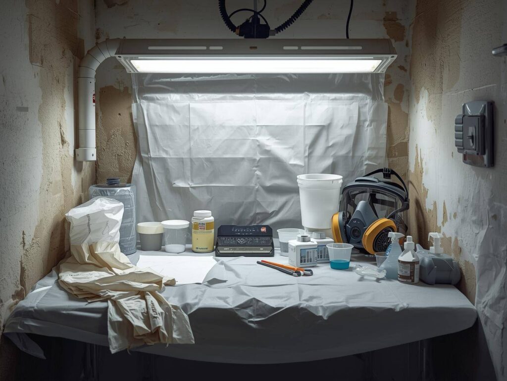 Resin workspace setup with nitrile gloves, mixing cups and respirator for safe crafting.