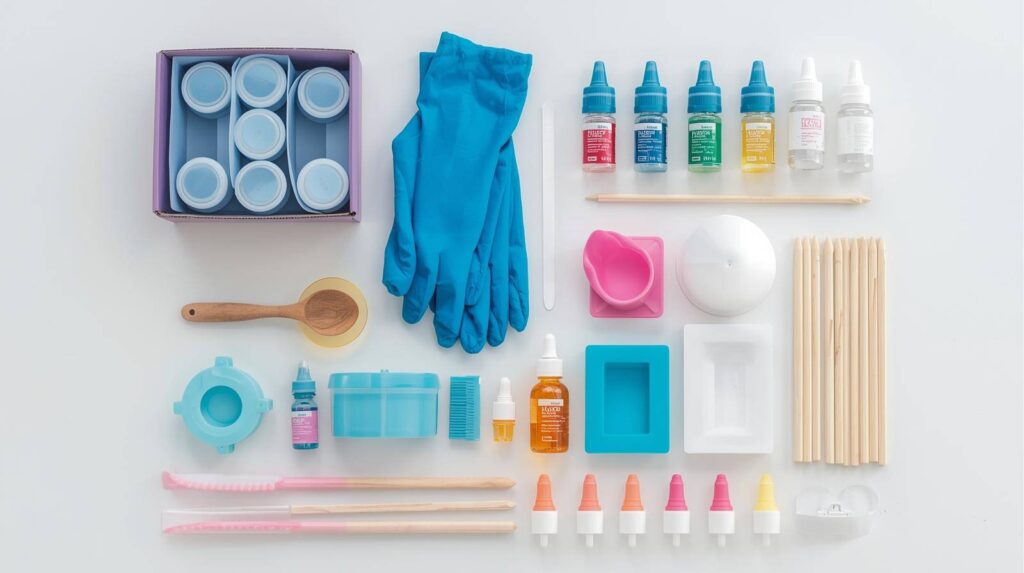 Beginner resin art kit contents: resin & hardener bottles, silicone molds, pigments and gloves.