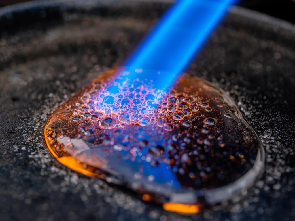 Close-up macro shot of a blue flame from a butane torch passing over wet resin, showing bubbles bursting and leaving a glass-like surface.