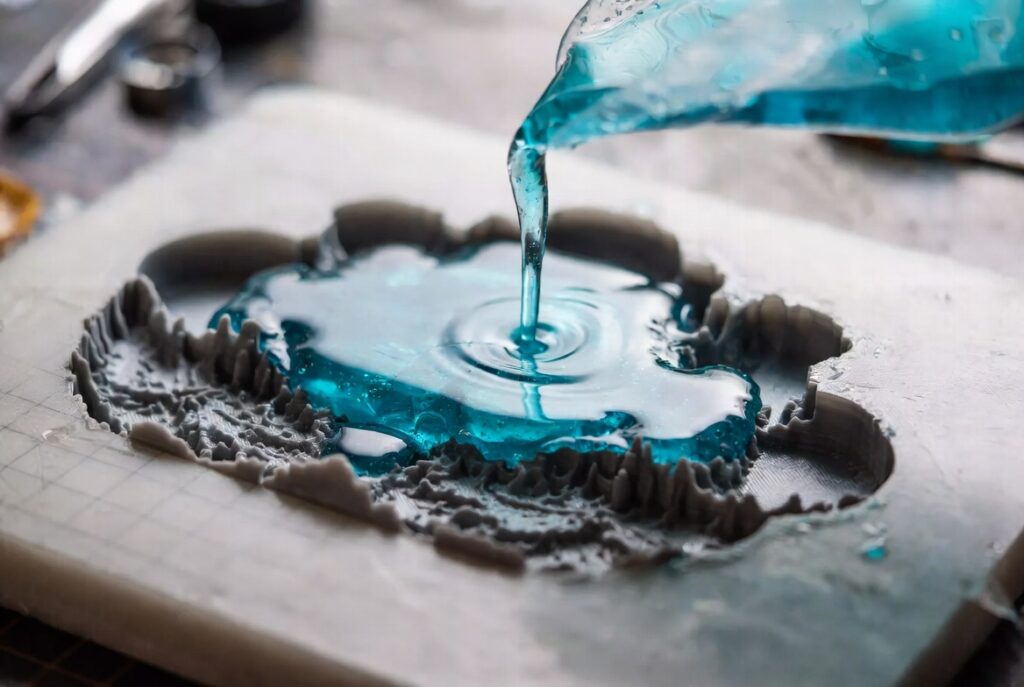 Custom 3D-printed silicone mold being filled with ocean-effect resin