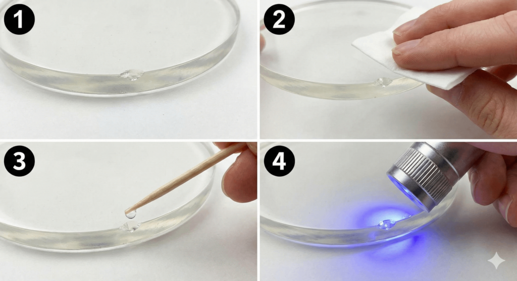 Resin chip repair guide. How to spot-fill dents and flaws on a clear epoxy surface using a toothpick to apply and UV cure the resin filler