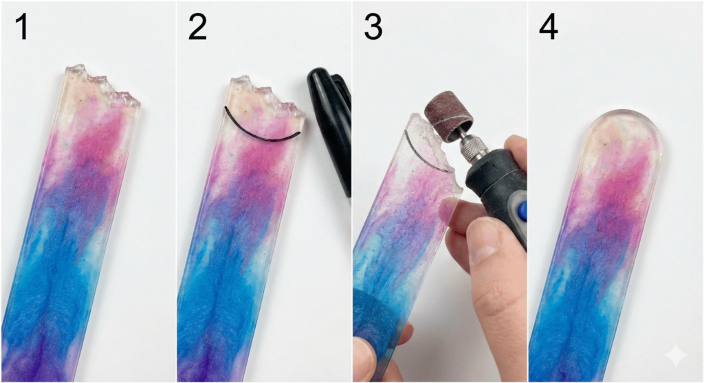 Salvaging broken resin pieces. Reshaping a jagged bookmark using a Dremel tool to sand a smooth, new curve instead of attempting a failed resin repair.