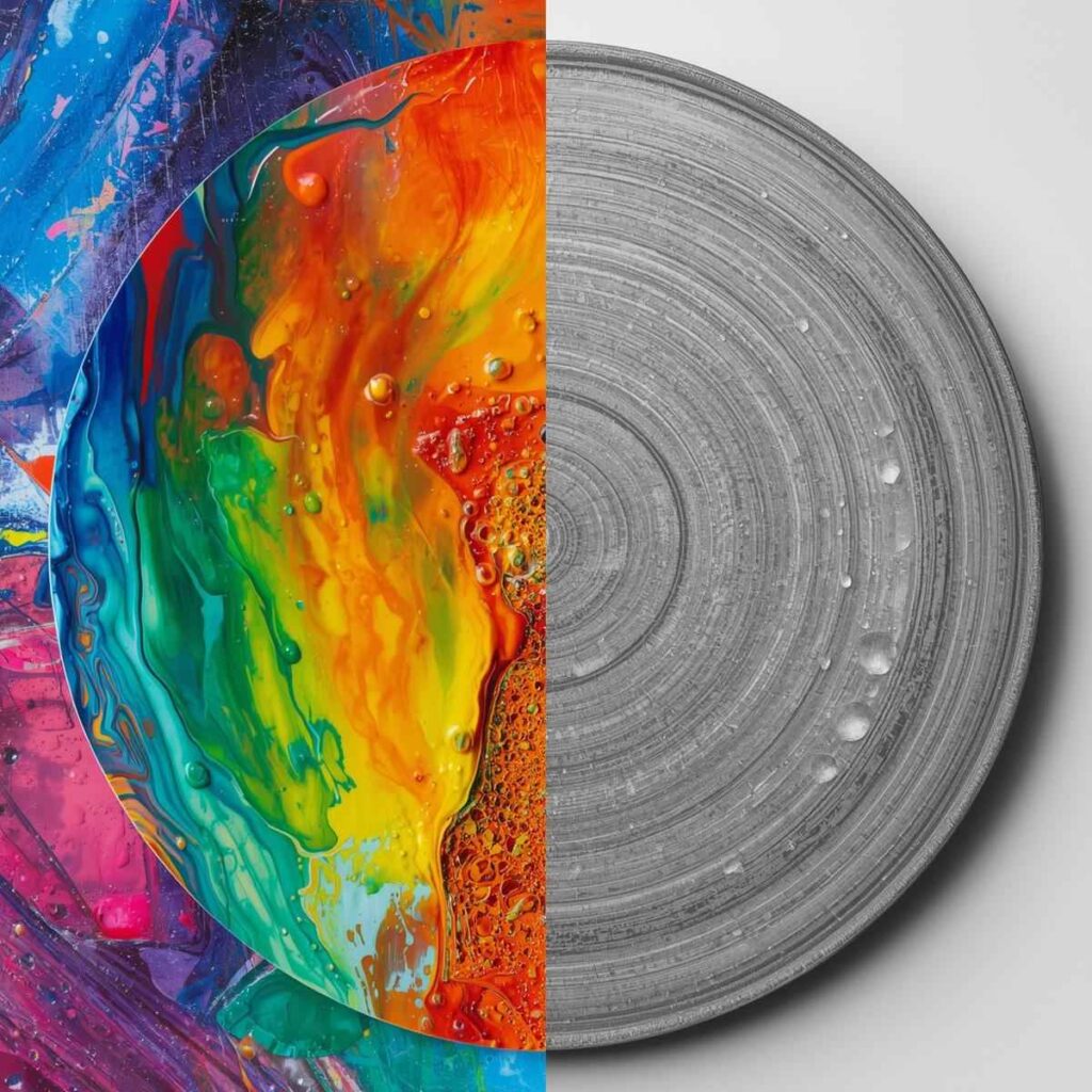 A split image showing: on the left, a bright acrylic painting sealed with a high gloss; on the right, a dull, ring-marked coaster that was sealed with Mod Podge.