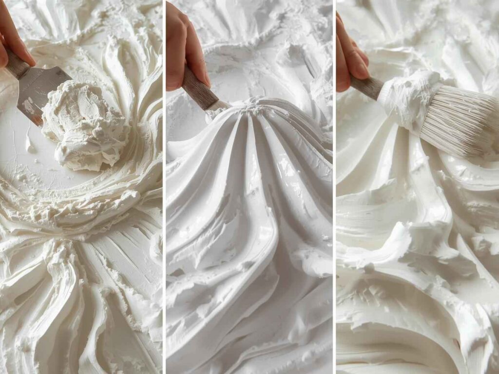 An animated collage showing three stages: 1) Sculpting thick, whipped-cream-like joint compound with a palette knife; 2) Dry-brushing white paint onto the raised ridges; 3) The finished, glossy piece sealed with clear pour medium