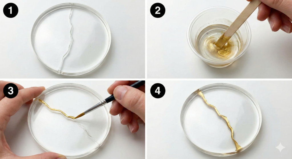 Kintsugi resin repair technique. Applying gold mica powder mixed into epoxy to fill a crack, turning the fault into a decorative gold vein feature.