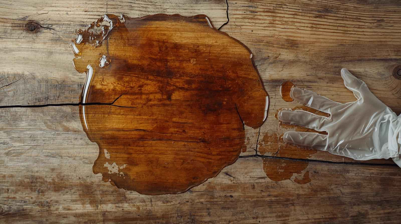 A ruined wooden dining table surface stained with partially dried, clear epoxy resin, next to a pair of sticky, discarded gloves.