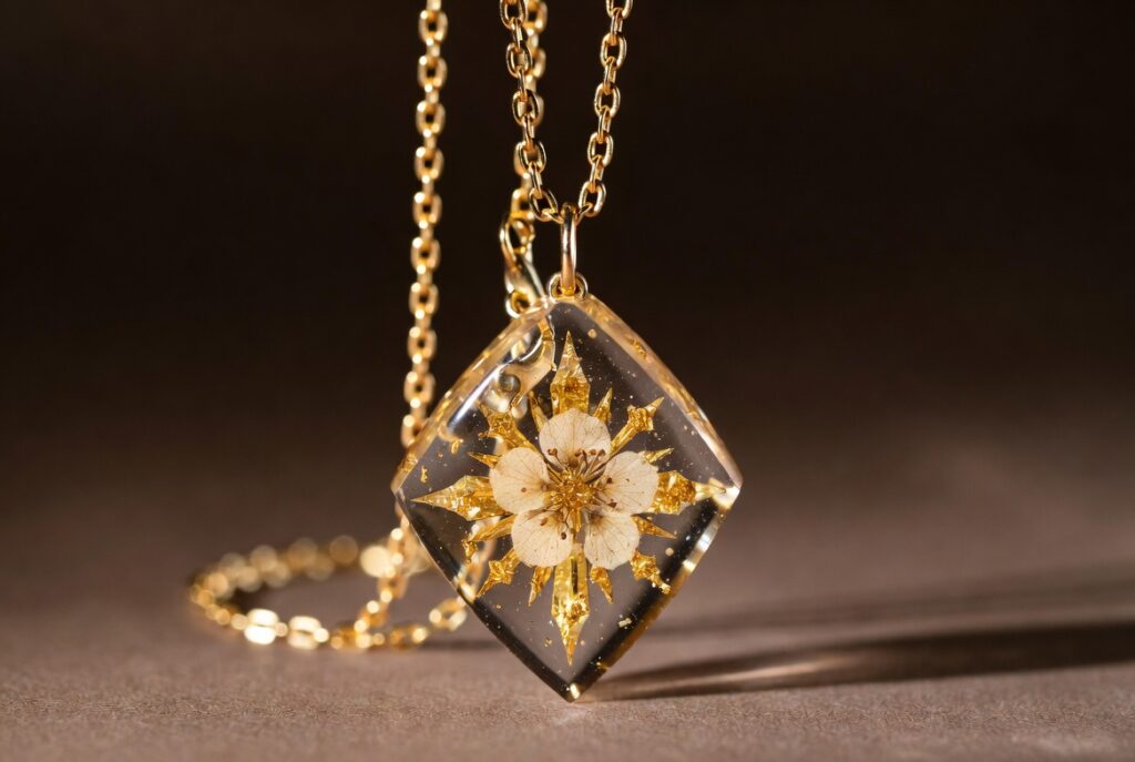 Trending 2026 celestial resin necklace with real dried flowers and 24k gold flakes Filename: celestial-resin-pendant-2026