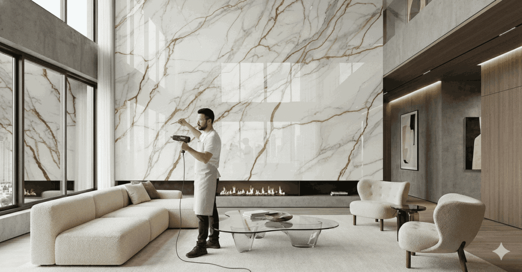 An artist using a heat gun and a fine brush to manipulate metallic gold veins into the wet resin wall without the pattern running down.