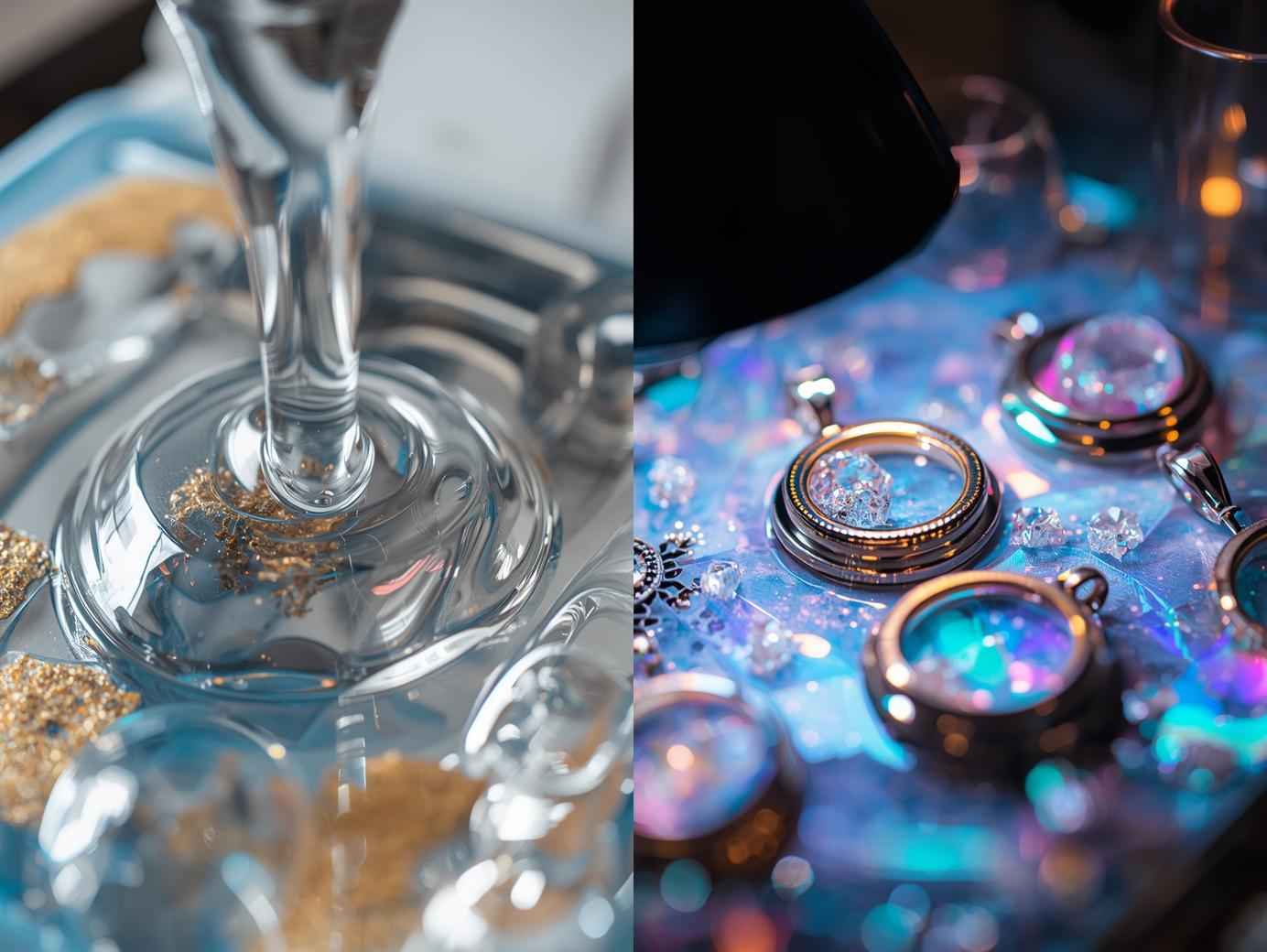 Left: epoxy resin being poured into a large mold; Right: UV resin jewelry being cured under UV lamp — resin comparison 2026