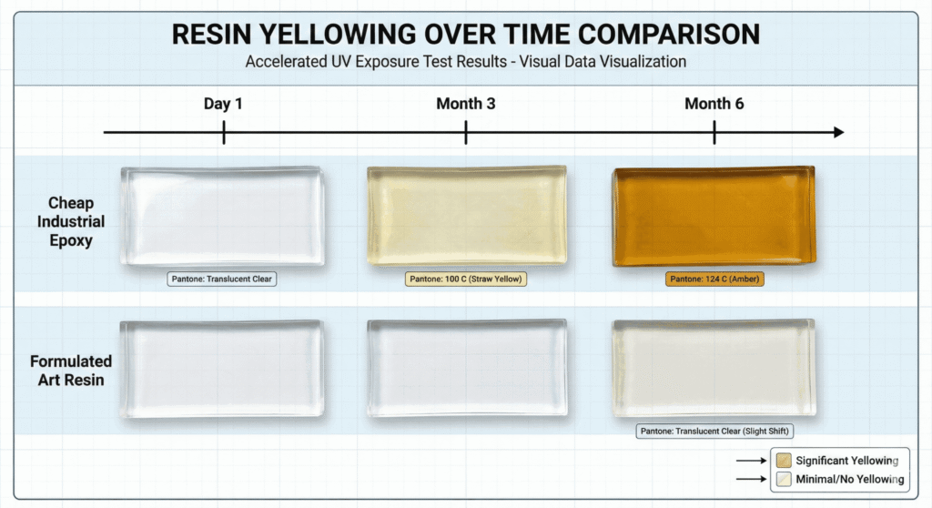 A visual timeline data chart comparing the UV yellowing of cheap industrial epoxy versus formulated art resin over six months. The cheap resin turns amber, while the art resin remains mostly clear, with Pantone color codes indicating the shift.