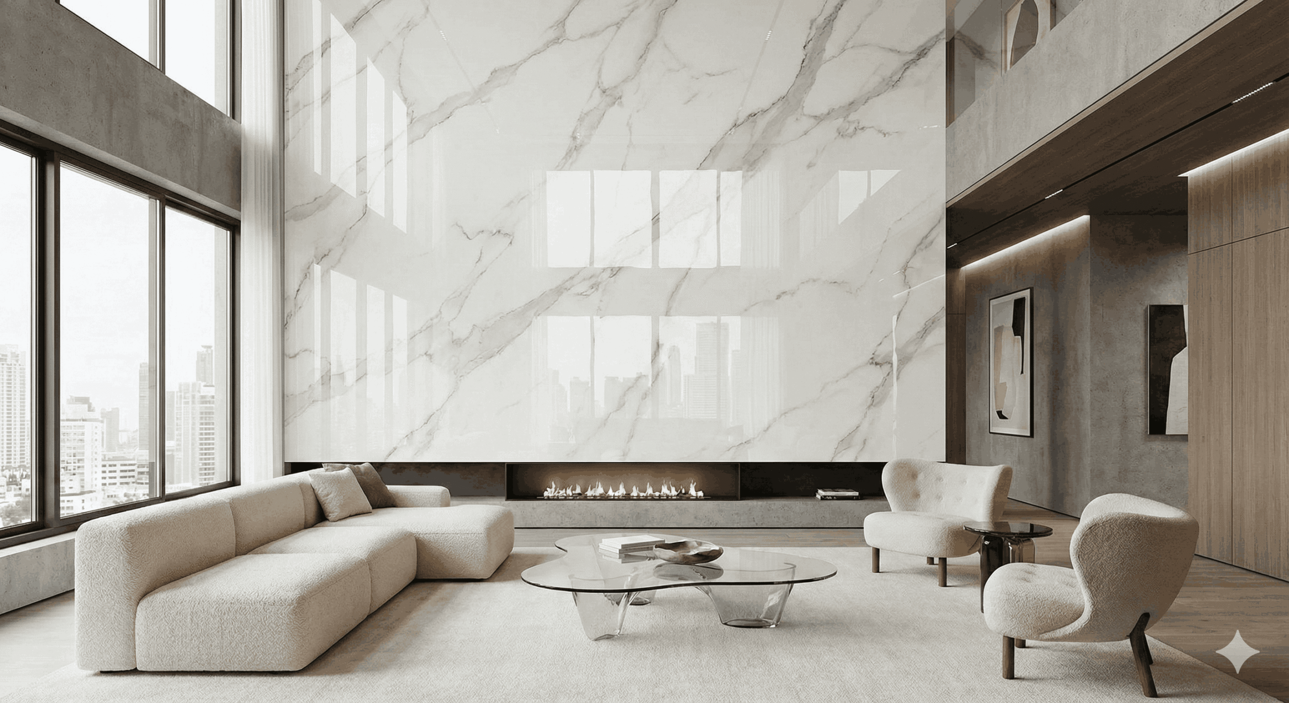 A modern living room featuring a high-gloss, floor-to-ceiling vertical resin accent wall with a realistic white marble design.