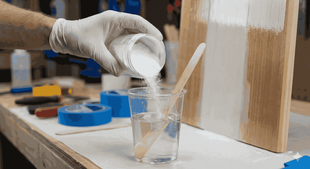 A close-up of a hand pouring a white thixotropic powder additive into a cup of clear epoxy resin to thicken it for vertical application.