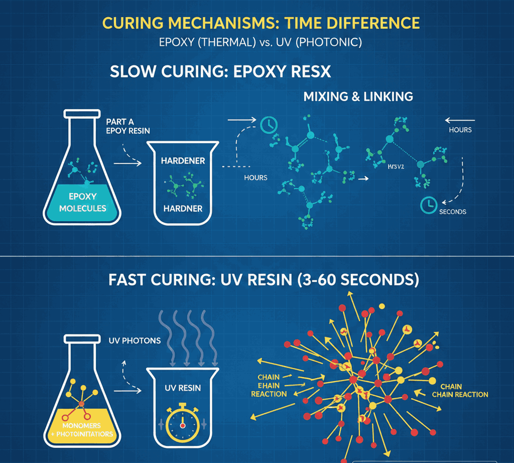 A schematic diagram. Top: Epoxy molecules (Part A) and Hardener (Part B) finding each other and linking slowly. Bottom: UV photons hitting photoinitiators, causing an explosive chain reaction of linking molecules.