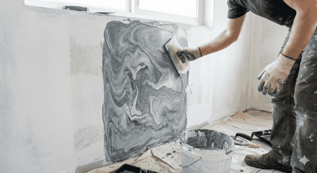 A DIYer using a flat plastic trowel to spread a non-sagging layer of grey and white marbled resin onto a primed vertical wall