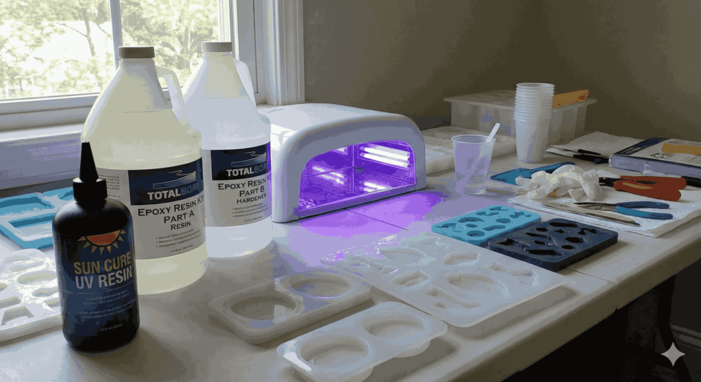 A workspace showing a bottle of UV resin next to a two-part Epoxy resin kit (Part A and Part B) with a UV lamp in the background