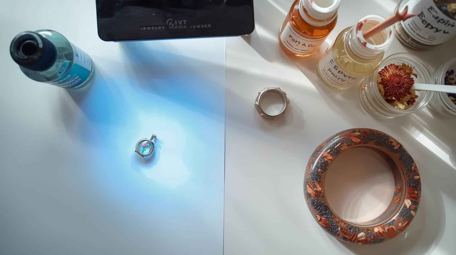 A jeweler's workspace demonstrating the difference between UV resin tools for delicate bezels on the left and two-part epoxy resin tools for deep molds on the right.