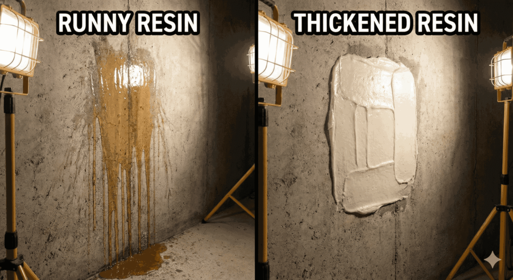 A side-by-side comparison showing runny resin dripping down a wall versus a properly thickened resin mixture staying perfectly in place
