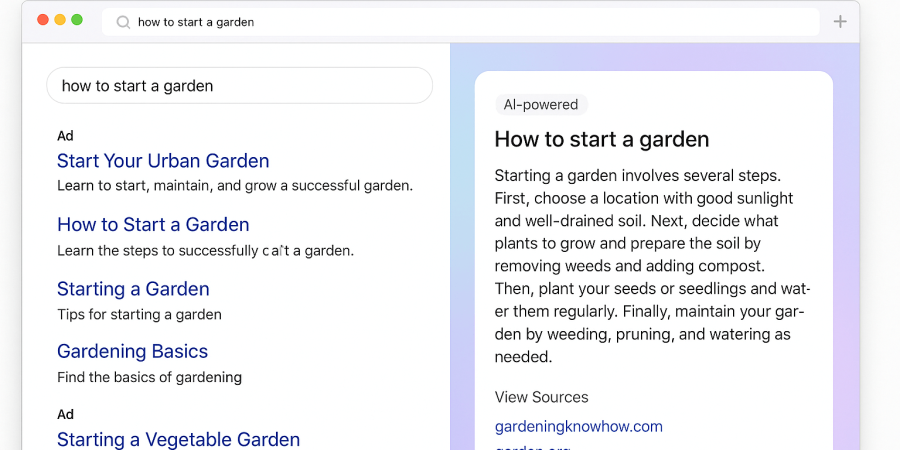 side by side comparison of classic google search result vs new AI powered SGE answer(right)