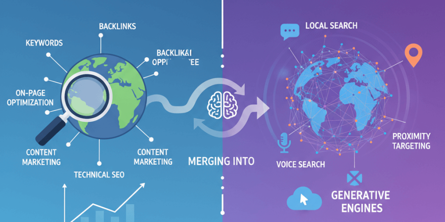 SEO and GEO strategies comparison infographic showing traditional search optimization merging with AI-powered generative engine optimization techniques for 2025